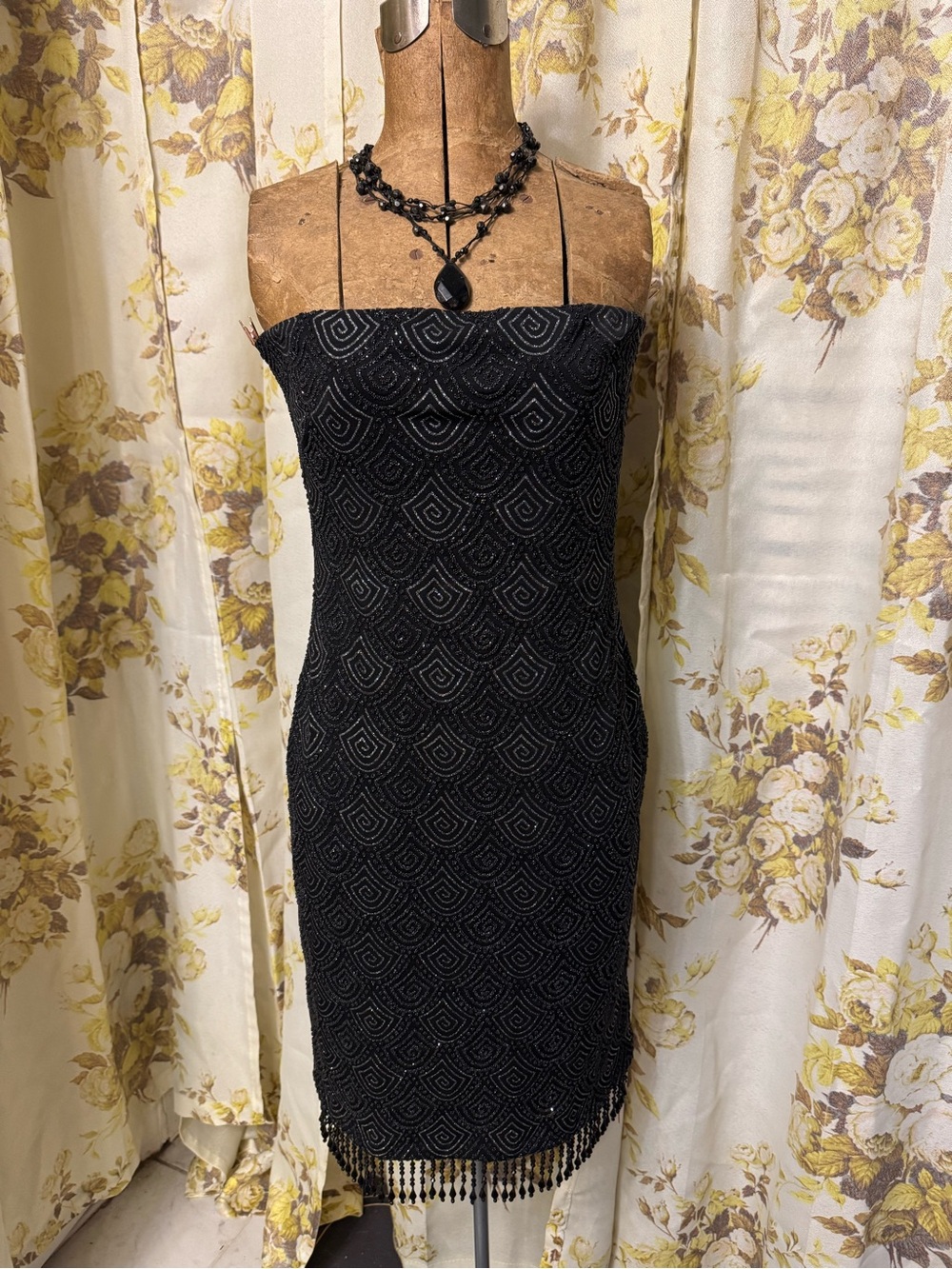 White House Black Market Black Strapless Beaded Fringe Sheath Dress